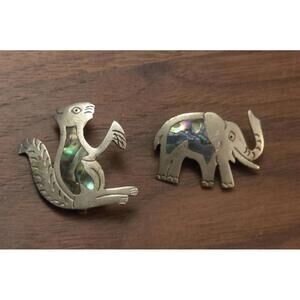 Vintage Mexican Silver & Abalone Elephant and Squirrel Brooch